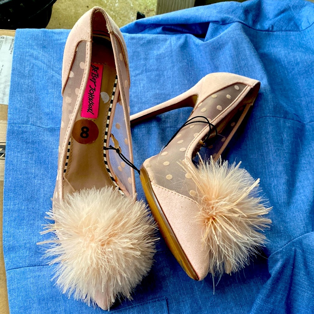 Betsey Johnson Heels Sheer Polka dot with pompom NWOT